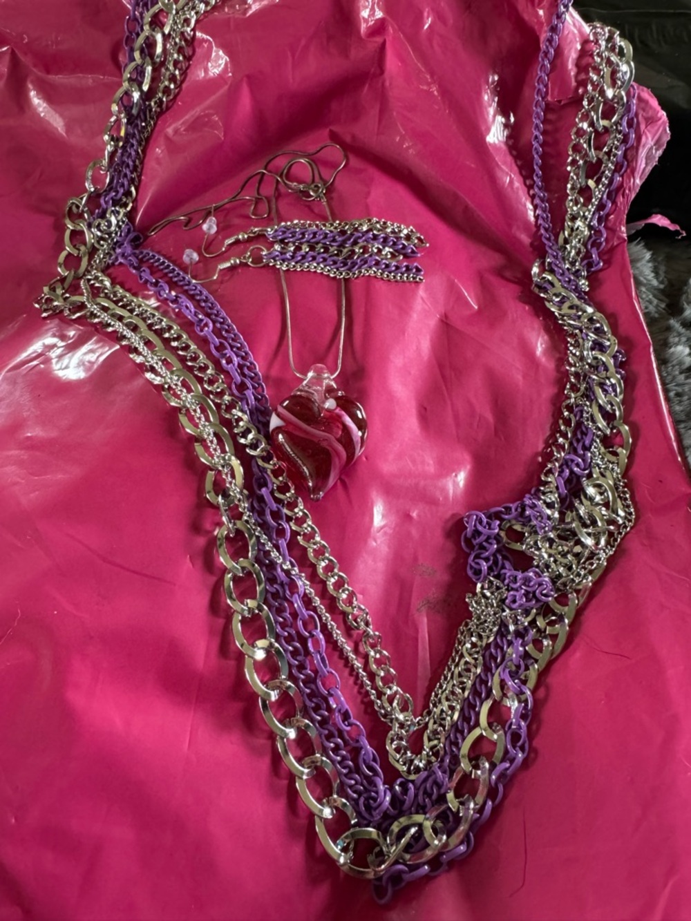 Layered Purple and Silver Chain Necklace Glass Pendant is 925 chain earrings